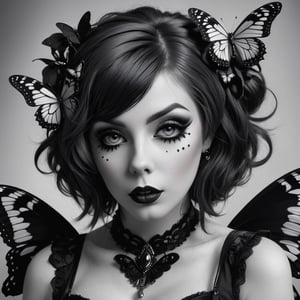 Create a hyper realistic monochrome photo of a goth woman from the hips up gazing in to the viewer soul.her mouth is covered by colourful butterfly while everything elese is in black and white, sentimental mood.,photo r3a