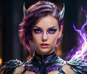 (1girl)), ((solo)), ((short hair, violet hair with silver highlights)), ((gradient hair)), violet eyes, (((purple warpaint, tribal facepaint))), small breasts, full lips, pouty lips, (face focus:1.8), (black wings:1.6), (wearing black and violet combat bodysuit), (large black angel wings, huge feathered wings), dark angel, archangel, violet aura, purple aura, (close-up portrait, headshot), confident, determined glare, (purple lightning, fire mage, violet flames, purple flames), ornate embellished clothing, full moon background, portrait angle, at night, library, dark library, cyberpunk, photorealistic, beautiful detailed eyes, glowing eyes, lighting inside iris, realistic, 3d face, lustrous skin,
