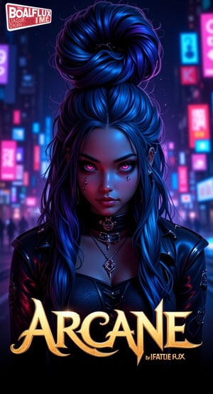 Design a movie poster with a fantasy theme inspired by Arcane from League of Legends. The poster should be dramatic and visually compelling, vibrant and striking. Feature a detailed close-up of Jinx’s face and shoulders at the forefront, showcasing her with a manic, mischievous smile, pink eyes and blue long braided hair. Behind her, create a dark cityscape background illuminated with neon lights. Place the title Arcane prominently in large, bold, fantasy-themed font at the bottom of the poster. Ensure the title is eye-catching and aligns with the epic tone of the design. Add the subtitle “by League of Legends” in a very small, yellow font with shadows, situated just below the main title. Incorporate the label (((("BOOFLUX")))) in red and white, in a smaller, modern font in one top corner of the poster, making sure it’s visible but does not overshadow the main title,REALNIME, QTGIRLREAL,ILLUSTRANIME