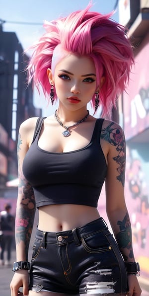 (top-quality、8K、32K、​masterpiece、nffsw:1.3)、(Photorealsitic:1.4),sexy punk girl, solo, breast, A detailed eye、Detailed lips,Wacky punk hair,Radical punk fashion,Tank Tops、Wacky makeup、A pink-haired,、Tattoos on the body,、Street background、Backlight effect、depth of fields,blurry backround,,,,,,,,,,,,3d toon style