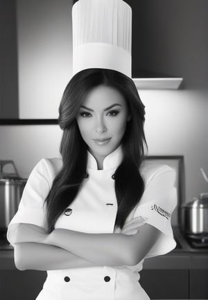 /imagine prompt: Subject: A passionate woman chef Purpose: Portrait Mood: Curious Style: Black and white Background: Kitchen Create striking and focused portraits of a passionate chef in simple black and white compositions. Play with shadows and highlights to capture the essence of the subject. Use the kitchen as a minimalistic background to emphasize the raw emotions and the culinary mastery of the chef. -
