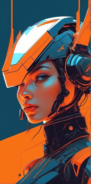 a close up of a girl wearing a helmet, cyberpunk art, inspired by Tom Whalen, beautiful android woman, orange metal ears, vector artwork, martin ansin