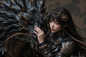 mythp0rt, masterpiece, beautiful oriental knight dragon tamer, long black hair, bangs, circlet, leather armor and animal skin, affectionately stroking the nose of a big black dragon, SamuraiArt
