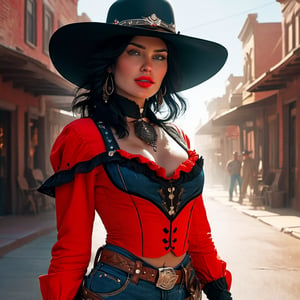 Female gunslinger in red, black cowboy attire, black hat, glancing back, cropped top, denim, strolling down dust-laden streets of Dodge City, waist-up portrait, black tresses illuminated by dim volumetric lighting, homage to Artgerm, Greg Rutkowski, and Alphonse Mucha, 8K octane rendering, post-production enhancements, exquisitely intricate details, epic composition, cinematic illumination, breathtaking surreal masterpiece