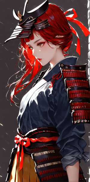 1girl,dressed in samurai-style armor, She wears traditional Japanese armor reminiscent of a samurai,Blue coat, yellow hakama ,The design blends elegance with strength, portraying her as a warrior princess,(Large red head ribbon), Adorning her head is with a faintly red ribbon tied, shining brightly, warrior samurai, score_9