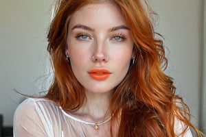 1girl, solo, long hair, breasts, looking at viewer, jewelry, earrings, parted lips, orange hair, lips, head tilt