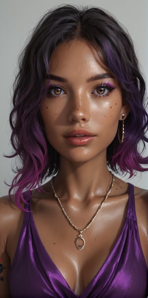 1girl, solo, breasts, looking at viewer, bangs, black hair, dress, cleavage, bare shoulders, brown eyes, jewelry, medium breasts, collarbone, upper body, purple hair, multicolored hair, earrings, parted lips, sleeveless, dark skin, medium hair, necklace, mole, two-tone hair, dark-skinned female, lips, eyelashes, mole under eye, tattoo, gradient hair, makeup, sleeveless dress, piercing, ear piercing, purple dress, freckles, realistic, nose, arm tattoo, mascara,dal-1,3D