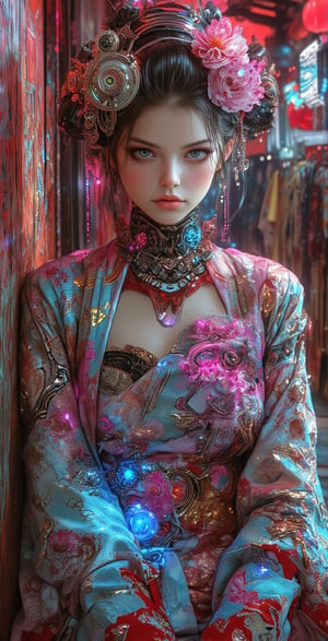 An ethereal cybernetic geisha, adorned with intricate circuit patterns and holographic cherry blossoms dancing around her. This stunning digital painting captures the essence of traditional Japanese beauty infused with futuristic elements. The image is a mesmerizing blend of vibrant colors and intricate details, perfectly blending organic and technological aesthetics. The exquisite craftsmanship and attention to detail make this augmented reality overlay a true masterpiece in the realm of digital anime art.
,illustr3alFlux,ILLUSTRANIME,REALNIME