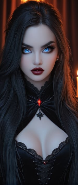 A 17th century Gothic-inspired portrait of a stunning female vampire, her porcelain skin illuminated by the soft glow of candlelight. Her piercing eyes gleam with an otherworldly intensity as she showcases her razor-sharp fangs. A velvet-draped background and dark, heavy curtains create a foreboding atmosphere, while her raven-haired locks cascade down her back like a river of night.