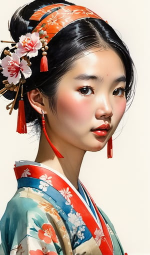 Asian boticarian, girl, twenties, edo period, deatilless on the headband, Watercolor, trending on artstation, sharp focus, studio photo, intricate details, highly detailed, by greg rutkowski