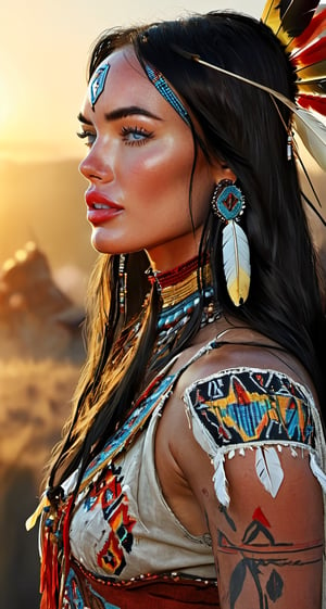 photorealistic digital painting portrait of most beautiful megan fox as Native American in the Wild West. Wearing traditional clothing with intricate beadwork. standing in the middle of the native village looking into the sunset. by Frank Frazetta, luis royo and pablo picasso, hyper detailed image, detailed face, natural skin, dramatic, 2.5D, Ultra-HD, HDR, Spotlight, studio Ligh