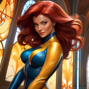 sexy model woman as Jean Grey in Jean-Leon, science fiction, intricate, elegant, highly detailed, digital painting, artstation, concept art, matte, sharp focus, illustration, art by Artgerm and Greg Rutkowski and Alphonse Mucha
