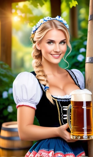Create a professionsl photo of a traditional German woman, dressed in a Dirndl, standing in front of a wooden barrel in a cozy Bavarian beer garden, surrounded by lush greenery and towering trees. She should be holding a large stein of foamy beer in one hand and a pretzel in the other, with a cheerful and friendly expression on her face.
The woman should have a robust build, with long blonde hair braided into a bun and adorned with a traditional Bavarian hat, and a blue and white Dirndl that is embroidered with traditional German symbols. She should be standing in a classic Bavarian beer garden, with wooden tables and benches scattered around, and a few barrels and kegs in the background.
In the background, there should be a few traditional German buildings, such as a Fachwerkhaus (a timber-framed house) and a church steeple, giving the scene a quintessential Bavarian feel