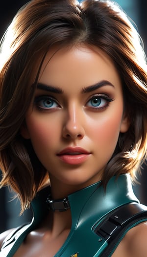 a futuristic female bounty hunter, (beautiful detailed eyes, symmetrical eyes, (detailed face), dramatic lighting, (photorealism 1. 5), (photorealistic 1. 4), (8k, RAW photo, masterpiece), High detail RAW color photo, realistic, (highest quality), (best shadow), (best illustration), ultra high resolution, highly detailed CG unified 8K wallpapers, physics-based rendering, photo, realistic, realism, high contrast, hyperrealism, photography, f1. 6 lens, rich colors, cinestill 800)