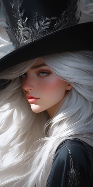 a woman with long white hair and a black hat, great digital art with details, neoartcore and charlie bowater, gorgeous digital art, exquisite digital illustration, stunning digital illustration, beautiful digital illustration, detailed matte fantasy portrait, beautiful fantasy art portrait, 8k high quality detailed art, trending digital fantasy art, in the art style of bowater, beautiful digital artwork,niji style