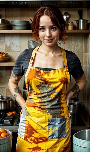 woman, ((medium breast)), orange messy hair, soft freckled, tattooed, ((wearing only a apron))