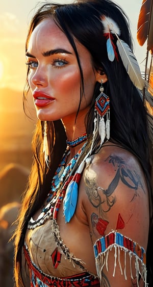 photorealistic digital painting portrait of most beautiful megan fox as Native American in the Wild West. Wearing traditional clothing with intricate beadwork. standing in the middle of the native village looking into the sunset. by Frank Frazetta, luis royo and pablo picasso, hyper detailed image, detailed face, natural skin, dramatic, 2.5D, Ultra-HD, HDR, Spotlight, studio Ligh