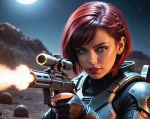 head shot, war girl, gun, blood smear, bullet, alien planet, science fiction, hyperrealistic, 18+, high resolution, nighttime shot, epic