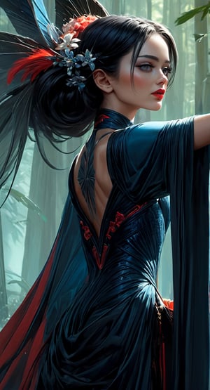 closeup a beautiful cinematic sexy female seraphim geisha, fantasy forest landscape, fantasy magic, undercut hairstyle, short red black fade hair, dark light night, intricate, elegant, sharp focus, illustration, highly detailed, digital painting, concept art, matte, art by WLOP and Artgerm and Greg Rutkowski and Alphonse Mucha, masterpiece, sf, intricate artwork masterpiece, ominous, matte painting movie poster, golden ratio, trending on cgsociety, intricate, epic, trending on artstation, by artgerm, h. r. giger and beksinski, highly detailed, vibrant, production cinematic character render, ultra high quality model, outer space, vanishing point, super highway, high speed, digital render, digital painting, beeple, noah bradley, cyril roland, ross tran, trending on artstation