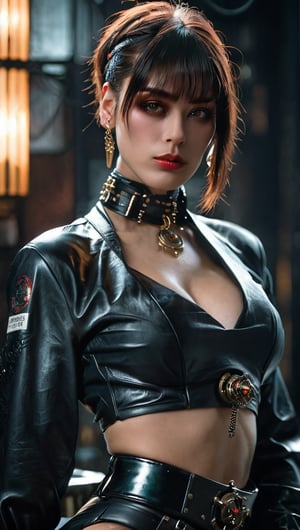 In a dimly lit, smoky cyberpunk club, a femme fatale cyborg sits solo, her mechanical joints gleaming in the flickering light. Her striking features, framed by short hair and bangs, are adorned with jewelry and a black choker. A cigarette dangles from her lips as she pets a snake that gazes directly at the viewer. She wears a revealing seethrough kimono, paired with Japanese-style earrings, and holds a katana surrounded by the dark, gritty atmosphere. Her gaze is sultry, exuding an air of sexy sophistication, as if inviting the viewer to enter her world. The scene is set in a Conrad Roset-inspired style, with a focus on dark, muted tones and industrial textures.,core_9,scary, (masterpiece:1.2),schpicy style
