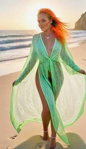 Walking down the beach in a revealing sheer cover-up, a woman's body is tantalizingly visible through the fabric, the sunlight dancing across her skin.she have (((Fulani Braids orange and green Hairstyle))).