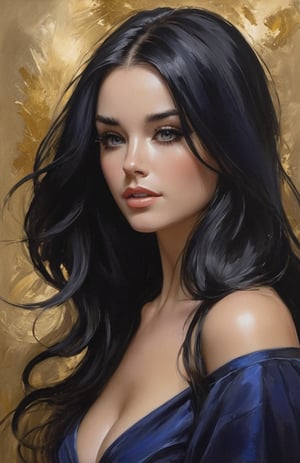 a woman with long black hair in a gold painting, in the style of charlie bowater, dark blue and dark black, michael garmash, comic art, realistic color palette, dark black and beige, soft-focused realism 