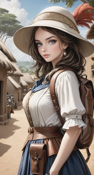 a beautiful white brunette british woman, pretty face, backpack, epic realistic, photo, 18th century explorer outfit, pith helmet, african village background, intricate scene, intricate details,