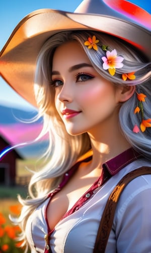 1 girl, scenery, vibrant colors, sharp focus, best quality, depth of field, cinematic lighting, flying petals in the wind, (silver eyes), silver hair, extremely long hair, slight blush, slight smile, (glowing:1.5), cowgirl outfit, cowboy hat, barn,

,detailmaster2