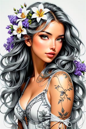 portrait of wonderful young woman with flowers Coloring Book Page, solid white background, intricate connected black lines, in the style of WLOP, Bayard Wu, Luis Royo, and Ralph Horsley, perfectly centered