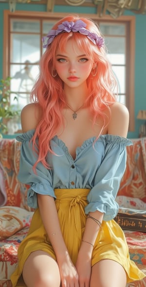 Create an anime-style illustration of an East Asian woman cosplaying as a charming character from Japanese anime, relaxing in a living room. She has her hair styled in soft, voluminous curls dyed a vibrant coral pink. She is wearing a bright sky blue blouse with a playful, ruffled collar and a soft yellow skirt with a flared, tiered design. Her outfit is complemented by a lavender headband with a small bow. She accessorizes with a delicate silver necklace and matching silver stud earrings. The gentle sunlight streaming through the window adds a warm, inviting glow to the scene, highlighting the cozy and cheerful ambiance of the space.
,illustr3alFlux,ILLUSTRANIME,REALNIME