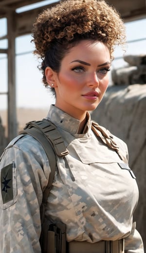A soldier wearing a tight-fitting, form-accentuating uniform, stands in a war-torn setting with grit and determination in her eyes. (((( flat twists updo hair style white))) Her military gear is customized with strategic cuts and straps to create a unique look.