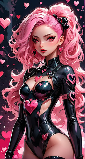 The image provided is a digital illustration of a female character. The character's features are exaggerated and stylized, with prominent pink hair, dark eye makeup, and a contemplative expression. She wears a bodysuit adorned with hearts and the number 9, which could suggest a theme or identity related to the character. The colors used in the illustration are muted yet vibrant, with the pink elements standing out against the softer background. There is no additional context provided within the image itself.