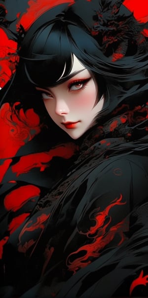 anime girl is shown in a phone screen, in the style of gothic art, red and black, dragon art, subtle realism, chinapunk, close up, light yellow and dark orange