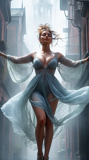 portrait of the Gorgeous busty spectral Deity of silk, hovering in the air looking UP, arms stretched, ethereal form, sexy and sultry, messy bun hair, ghostly translucent temptress, long shapely legs, in a ghostly misty streets of a Gothic city, Fantasy Dream Art, fractals, windy, mysterious, glossy hair, earthy, Abstract Neoralism, cinematic, Film light, Hyper detailed, Hyper realistic, masterpiece, atmospheric, High resolution, 8k, HDR, 500px, FUJIFILM, bokeh