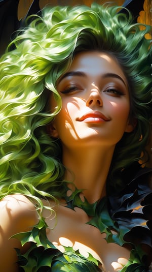 Realistic oil paint portrait , hot Body, Dynamic sensual pose, soft smile, long green hair, (((Bat wings))) , detailed skin Textures, intricate, detailed face, hyperrealistic, realistic light and shadows , ((cinematic lighting)) . Abstract paint background. Poetic, dramatic. 