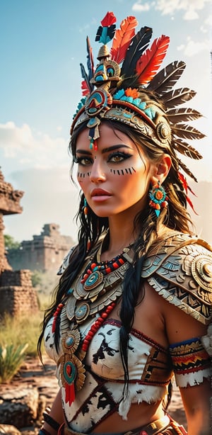 cinematic photography,(full closeup portrait:1.5), (a warrior wearing an aztec headpiece,  voloptuouse body), a ruin battlefield background,field,sunshine rays backlighting,(masterpiece:1.2),intricate,(best quality, extremely detailed:1.5), thick volumetric [soft neon glow|black] fog,soft volumetric moonlight,realistic ambient (best image,best quality:1.5),(best render:1.5), unreal engine, shallow focus, depth of field, (eye and lip highlights:1.5),(high constrast),(realistic textures),(realistic expression)