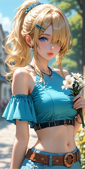 1girl, solo, (((breasts, blue eyes, blonde hair, hair ornament, navel, holding, bare shoulders, ponytail, flower, outdoors, hairclip, midriff, belt, hair over one eye, blurry, lips, crop top, blurry background, holding flower)))