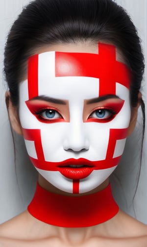 a woman with a red cross painted over her mouth, closed mouth, orwellian style, author unknown, witness stand, inspired by Eizō Katō, pinterest and shutterstock, world of the silence, vril, connectedness, by Lin Tinggui, red ribbon, censored, zen