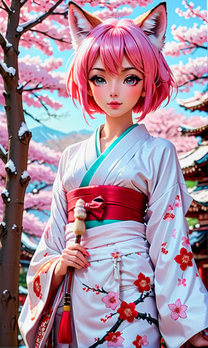 (masterpiece), best quality, expressive eyes, perfect face, girl, fox ears, (fluffy) nine fox tails, light pink hair, torquise eyes, white and red kimono, sakura tree in background, lightly snowing, beutiful sunlight, japanese shrine.





niji6