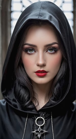 A detailed gothic portrait of a  sexy woman, large breast, wearing a black veil and a hooded dark cloak, showcasing intricate gothic art style and fashion. The image exudes a dark and gothic vibe, reminiscent of gothic romance and Victorian gothic aesthetics. The woman, with a sense of devotion to the scarlet woman, appears as a dreamy gothic girl or a dark robed witch, elegantly dressed in a beautiful red cloak.