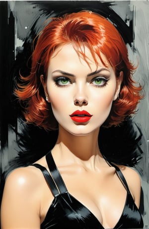 Green eyes, TANNED skin, Red lips, redhead short hair Black widow, ART noite BY Guido Crepax
