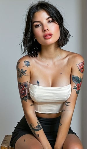 1girl, solo, breasts, short hair, skirt, simple background, black hair, white background, bare shoulders, brown eyes, medium breasts, sitting, parted lips, lips, strapless, tattoo, realistic, tube top, arm tattoo