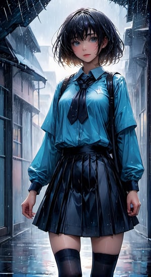 chest, black socks, the background is rain ,honkai star raill, ,Perfect Hands, torinoaqua style, school uniform, black skirt