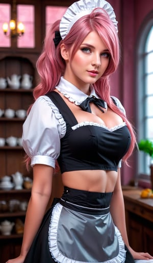 woman big breast, Rose Pink Colored hair, Gray eyes, maid outfit, ultra detailed, detailed background, shop, HDR, masterpiece, best quality
,woman