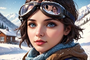 1girl, solo, looking at viewer, short hair, blue eyes, brown hair, black hair, parted lips, scarf, mole, blurry, lips, eyelashes, mole under eye, goggles, portrait, snow, goggles on head, realistic, nose
