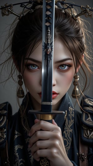 masterpiece, ultimate detailed, tiny finnest details, Fierce japanese female warrior is holding a reflective shiny (katana:1.3) in front of her face, (an ancient mythical Japanese demon is reflected in the katana blade:1.6),, SamuraiArt
