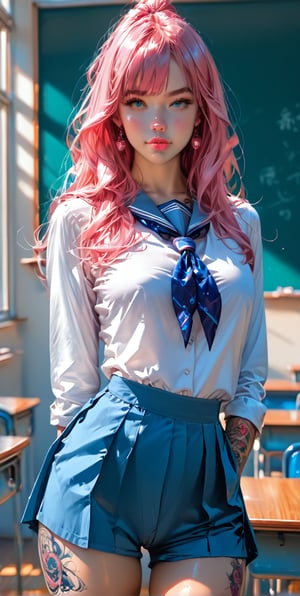 photorealistic, high resolution, 1women, (((shining skin, solo, tattoo, jewelry, pink lip, long hair, blue eye, closed mouth, hips up, shirt, shorts, school uniform, classroom)))