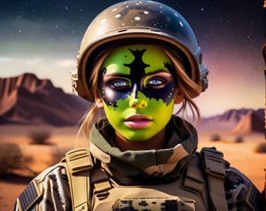 Junior officer, girl army soldier scouting alone (headshot bullet hole midnight Camo Face Paint) though a alien planet looking for targets of opportunity. High resolution, nighttime shot, epic pic