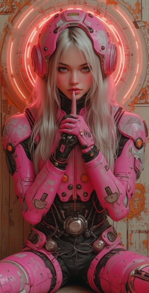 A front view, realistic digital artwork depicts a cybernetic beautiful woman character .she has long platinum hair, framing her face and blending with the mechanical elements .Holding finger to lips, shush, shushing motion ,detailed eyes, she is looking to camera, The character wears a vibrant pink and neon red glow cybernetic armor suit with intricate mechanical components, The armor covers her upper body, featuring a mix of mechanical elements. Her head is fitted with a matching helmet that has a large circular neon red glow , integrated communication devices ,Black wires and cables extend from the helmet, connecting to various parts of the armor, Her expression is serene , suggesting a state of rest. The character's pose is relaxed, sitting against a worn wall painted in burnt orange and cream colors, The background features symbol floral on a beige wall with circuit-like patterns, rust marks, scratches, and dark spots, adding to the industrial aesthetic. The lighting is soft and diffused, creating gentle shadows and highlights that enhance the textures of the metallic surfaces. The color palette consists of red, pink, gray, orange, and rust red, neon red, with high saturation and moderate contrast, contributing to the cyberpunk aesthetic and creating a balanced, harmonious visual effect ,ultra-high quality, photorealistic,illustr3alFlux,ILLUSTRANIME,REALNIME