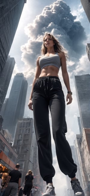 "A towering Giantess in a cool and laid-back hippie style is rocking a crop top and baggy pants. Her toned and athletic build hints at her massive strength. She seems to be casually strolling through the bustling cityscape of GTS City, as towering buildings loom overhead. Smoke and clouds roil around her, adding to the sense of epic scale and drama. The lighting is dark, gloomy, and realistic, creating a tense and ominous atmosphere. The perspective is from below, emphasizing the sheer majesty and power of the Giantess."